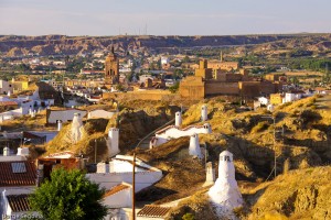 View of Guadix town, the cave houses and Cathedral in the background